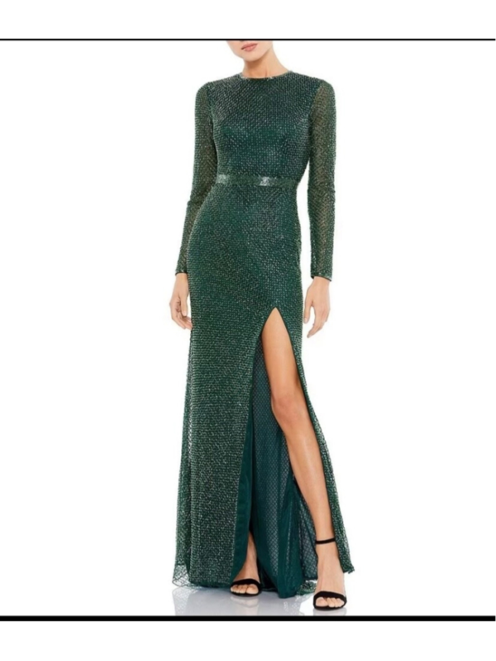 Women's Mac Duggal Long Sleeve Beaded Gown, Size 4, Green